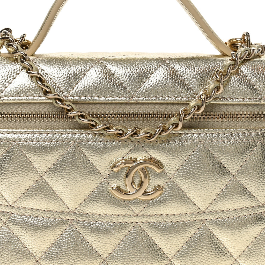 Chanel Metallic Caviar Quilted Trendy Handle Slim Vanity Light Golden