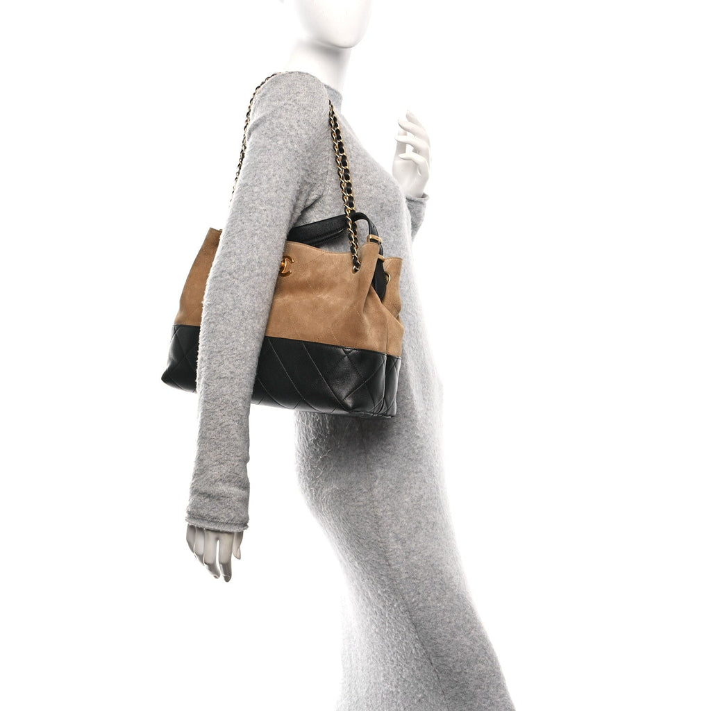 Chanel Suede Calfskin Shiny Lambskin Quilted Small Coco Base Shopping Bag Beige Black