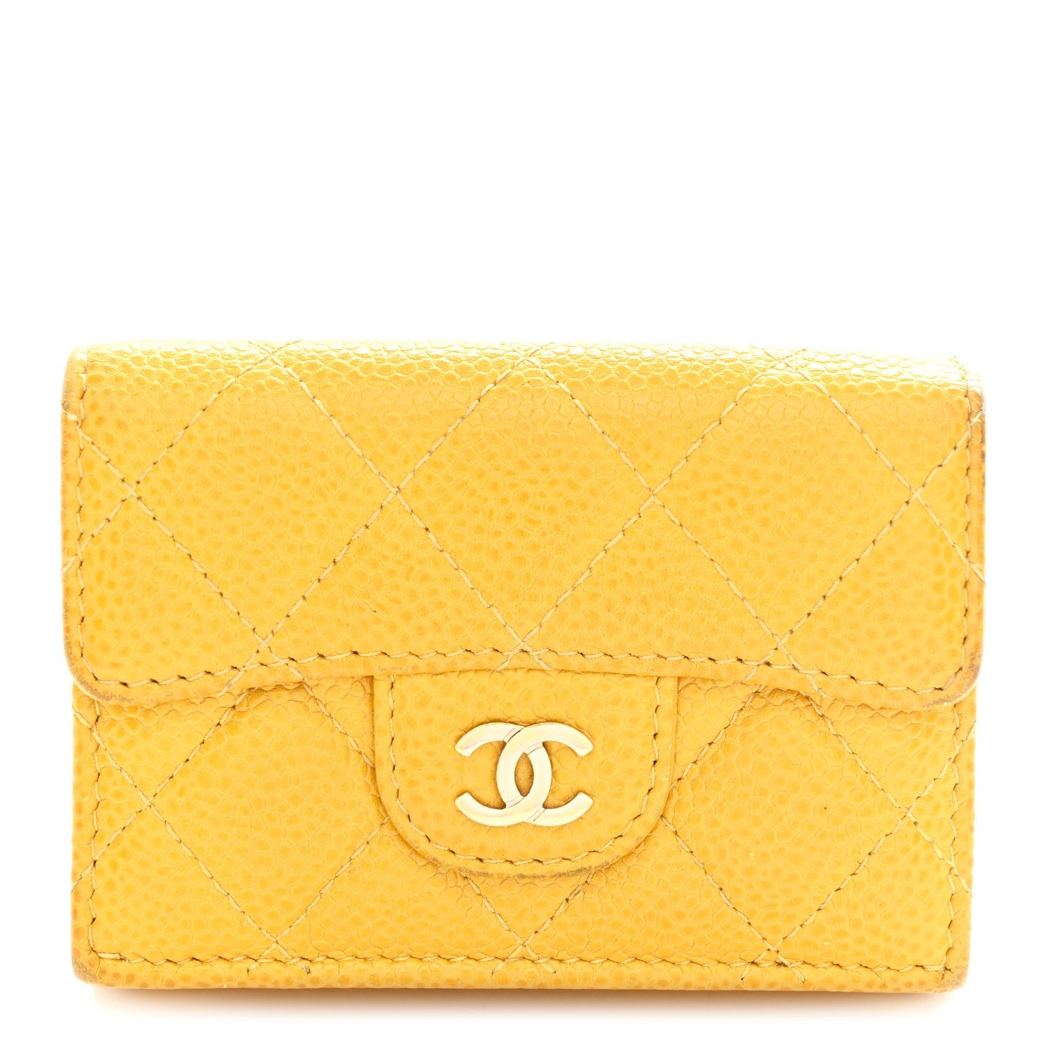 Caviar Quilted Double Flap Wallet Yellow