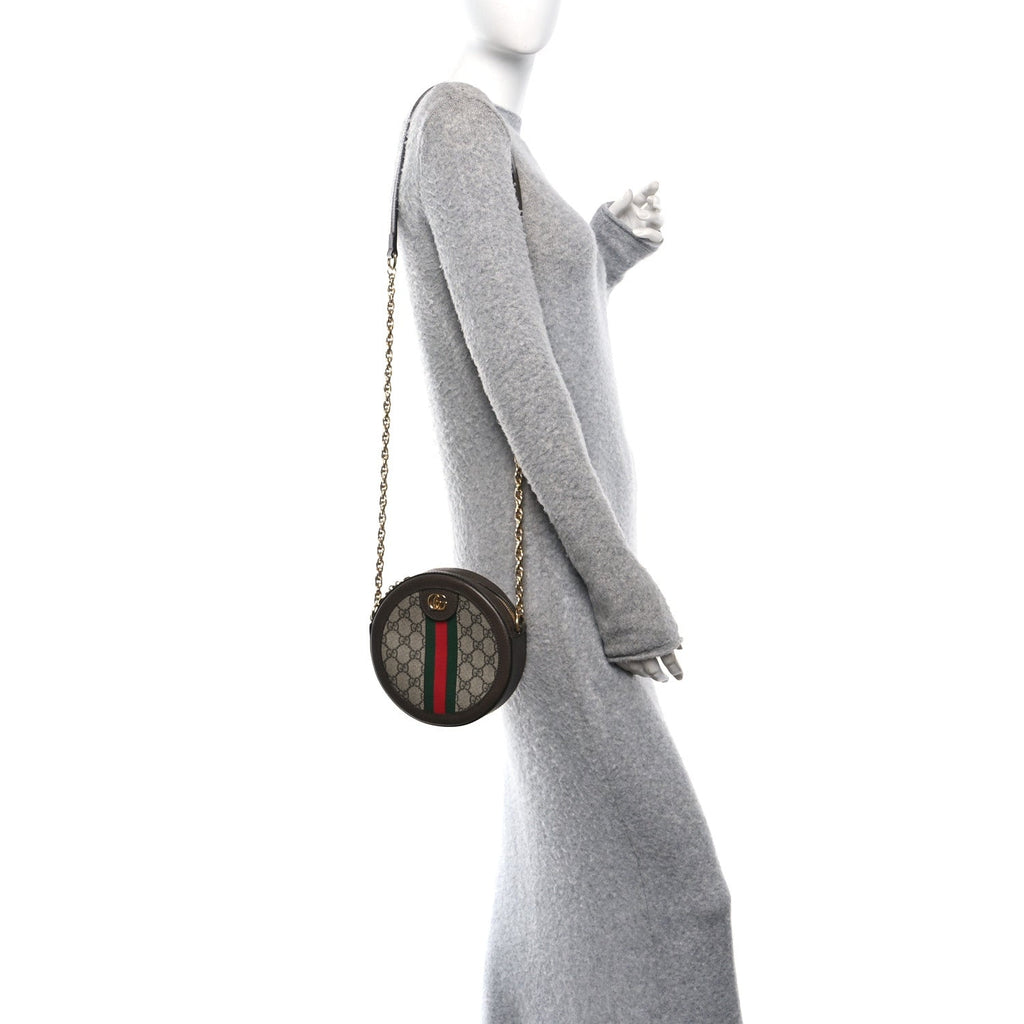 Gucci GG Supreme Monogram Web Mini Ophidia Round Shoulder Bag Brown