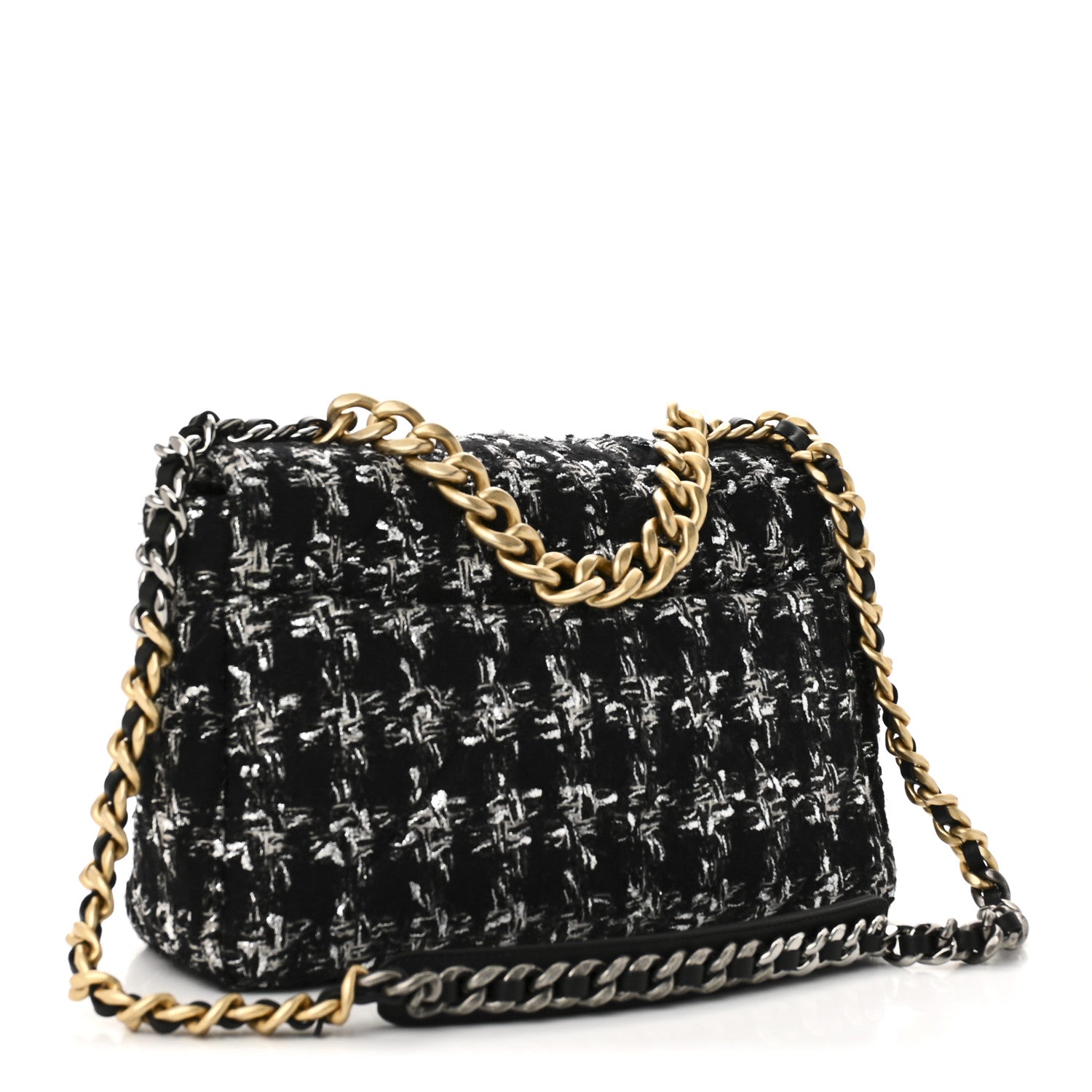 Chanel Tweed Quilted Large Chanel 19 Flap Black Silver Ecru
