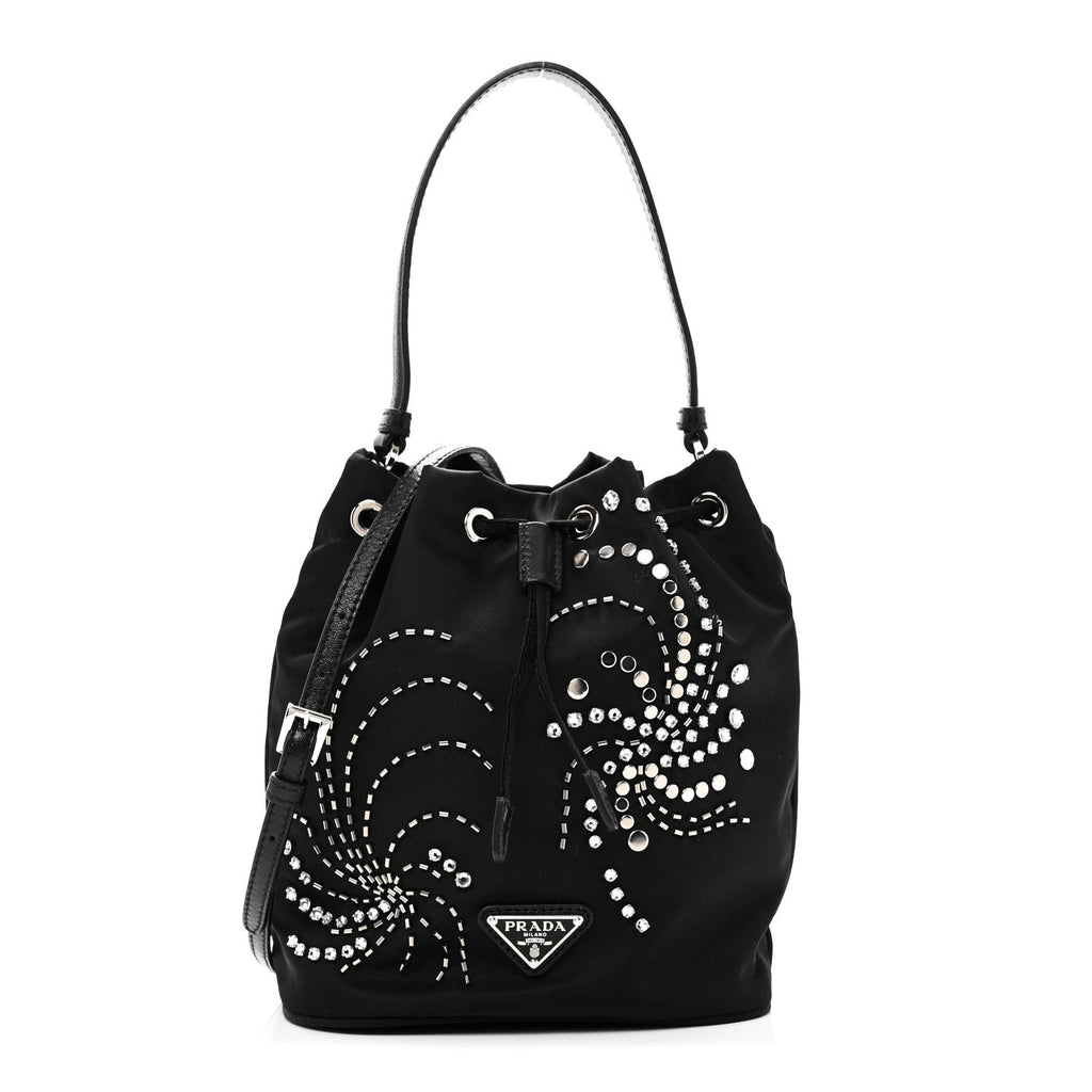 Prada Tessuto Saffiano Ricamo Sequin Crystal Embellished Mini Re-Edition 1978 Bucket Bag Black