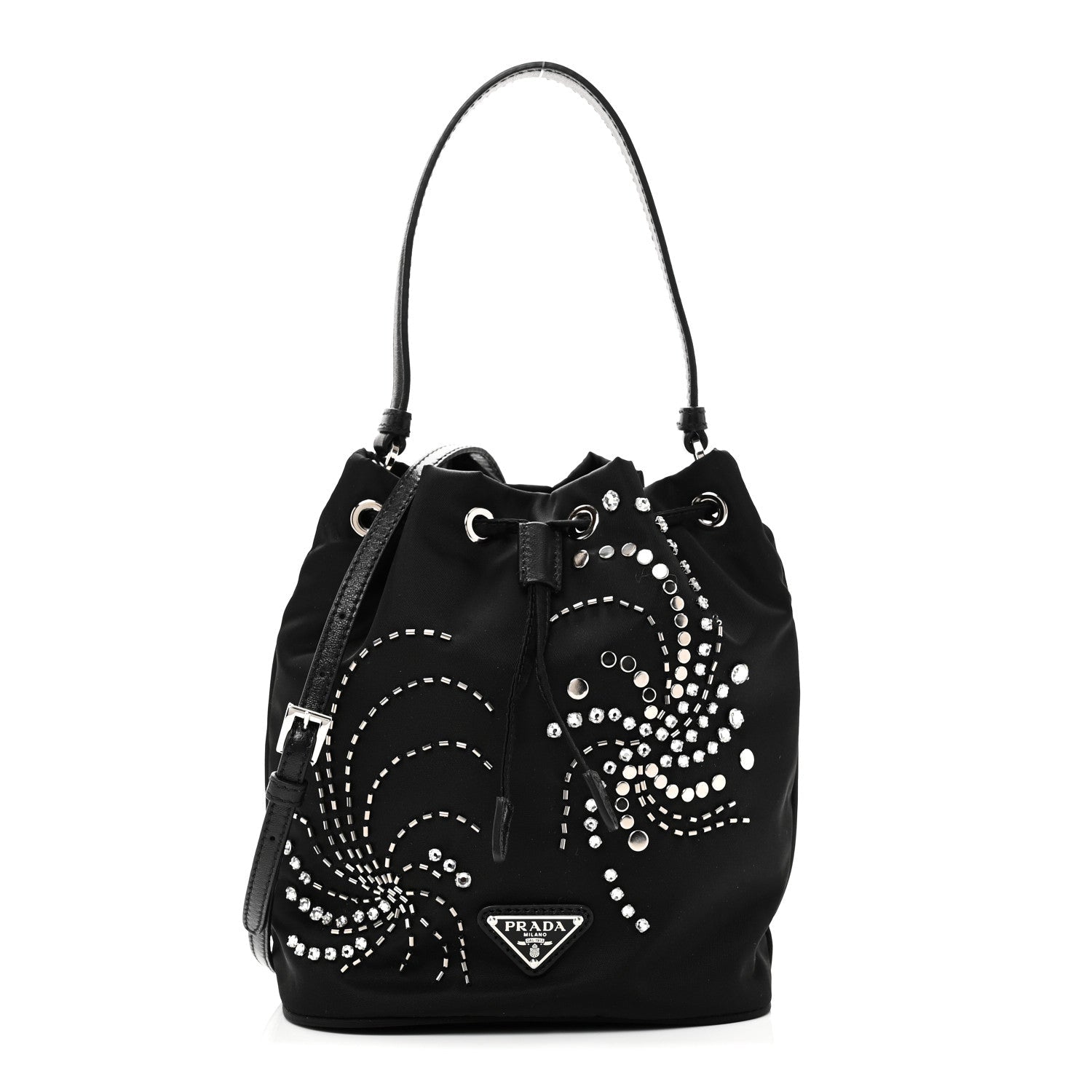 Prada Tessuto Saffiano Ricamo Sequin Crystal Embellished Mini Re-Edition 1978 Bucket Bag Black