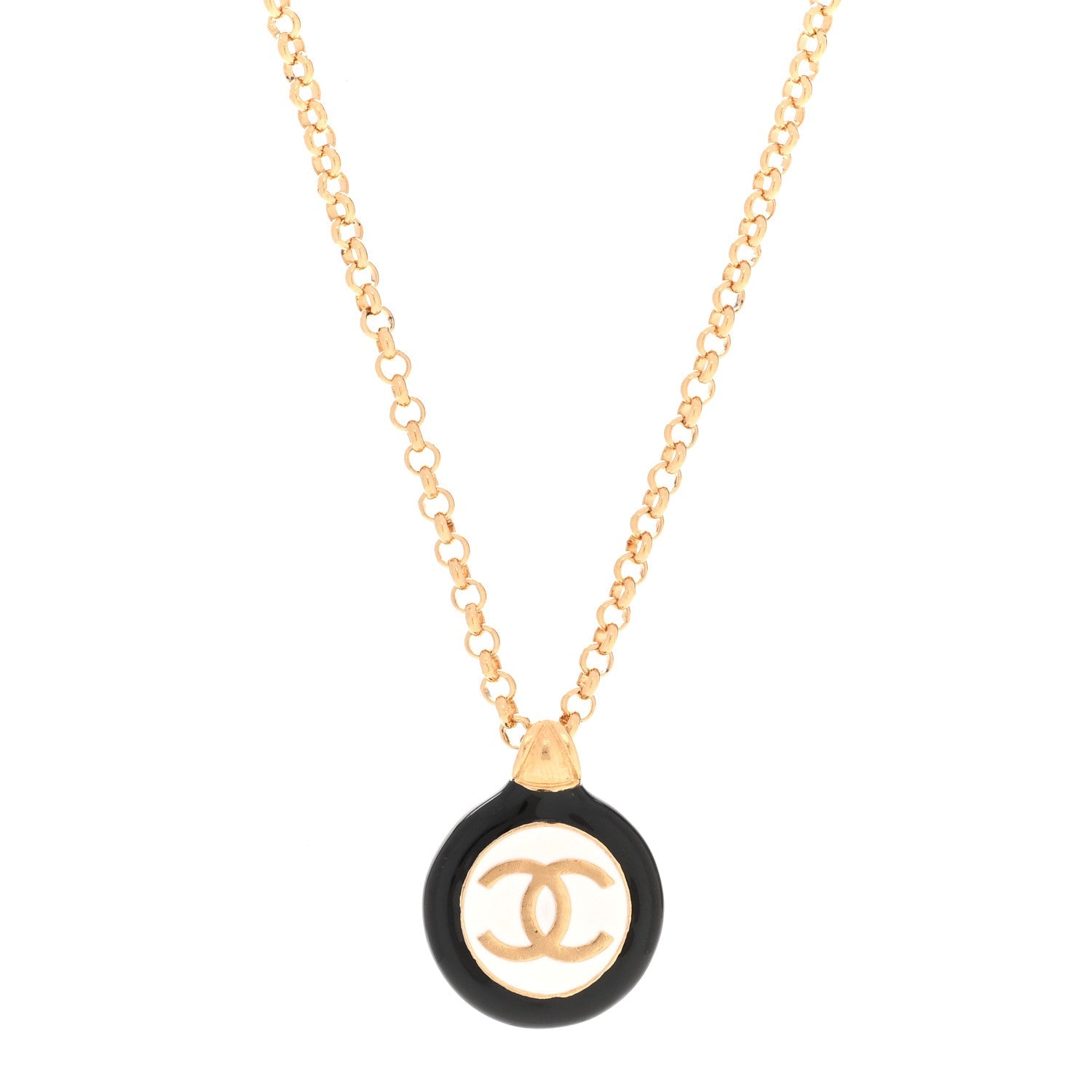 Enamel CC Medallion Chain Necklace Gold Black White