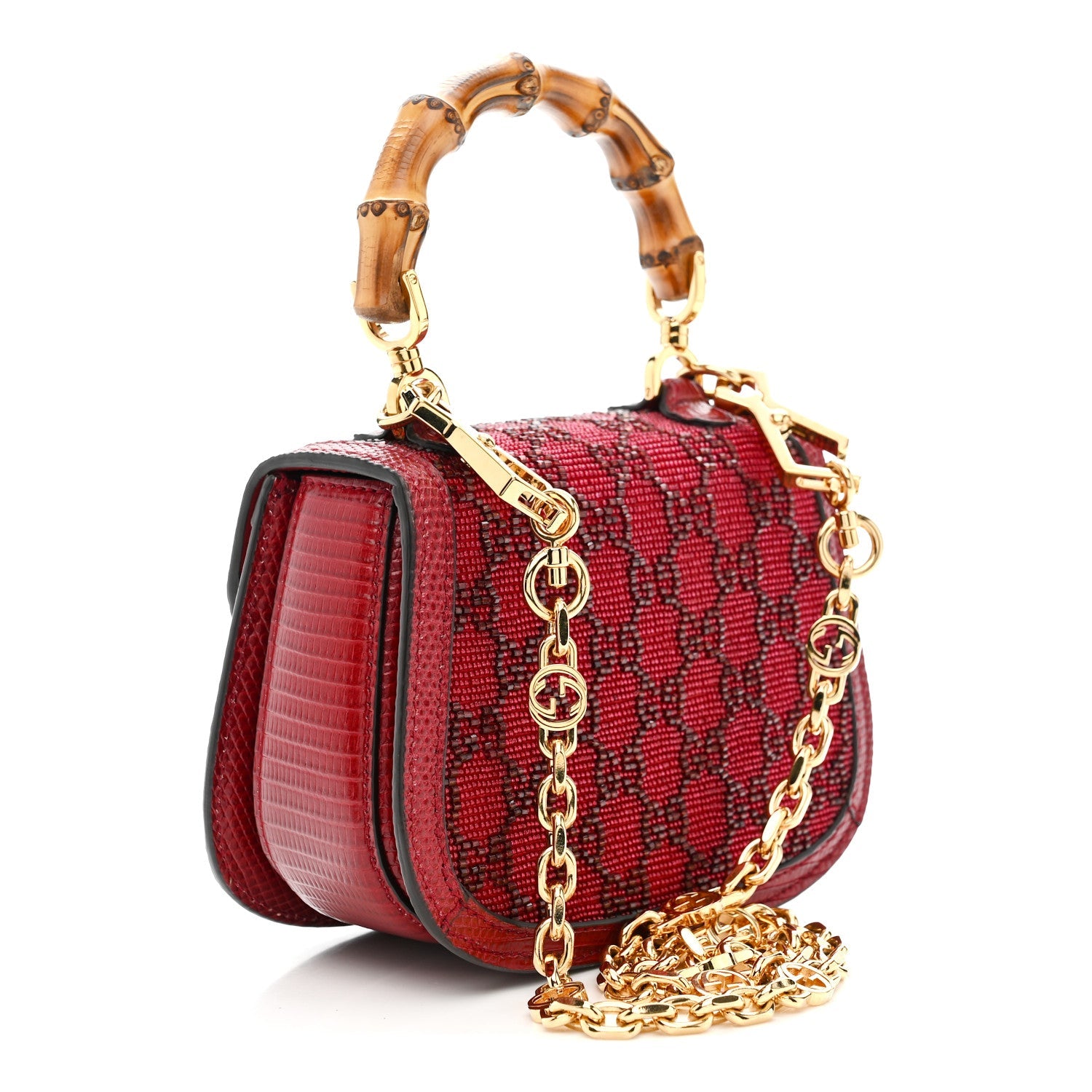 Gucci Moire Fabric Calfskin Rhinestone Monogram Monochrome Lizard Embossed Mini Bamboo 1947 Top Handle Chain Bag Red