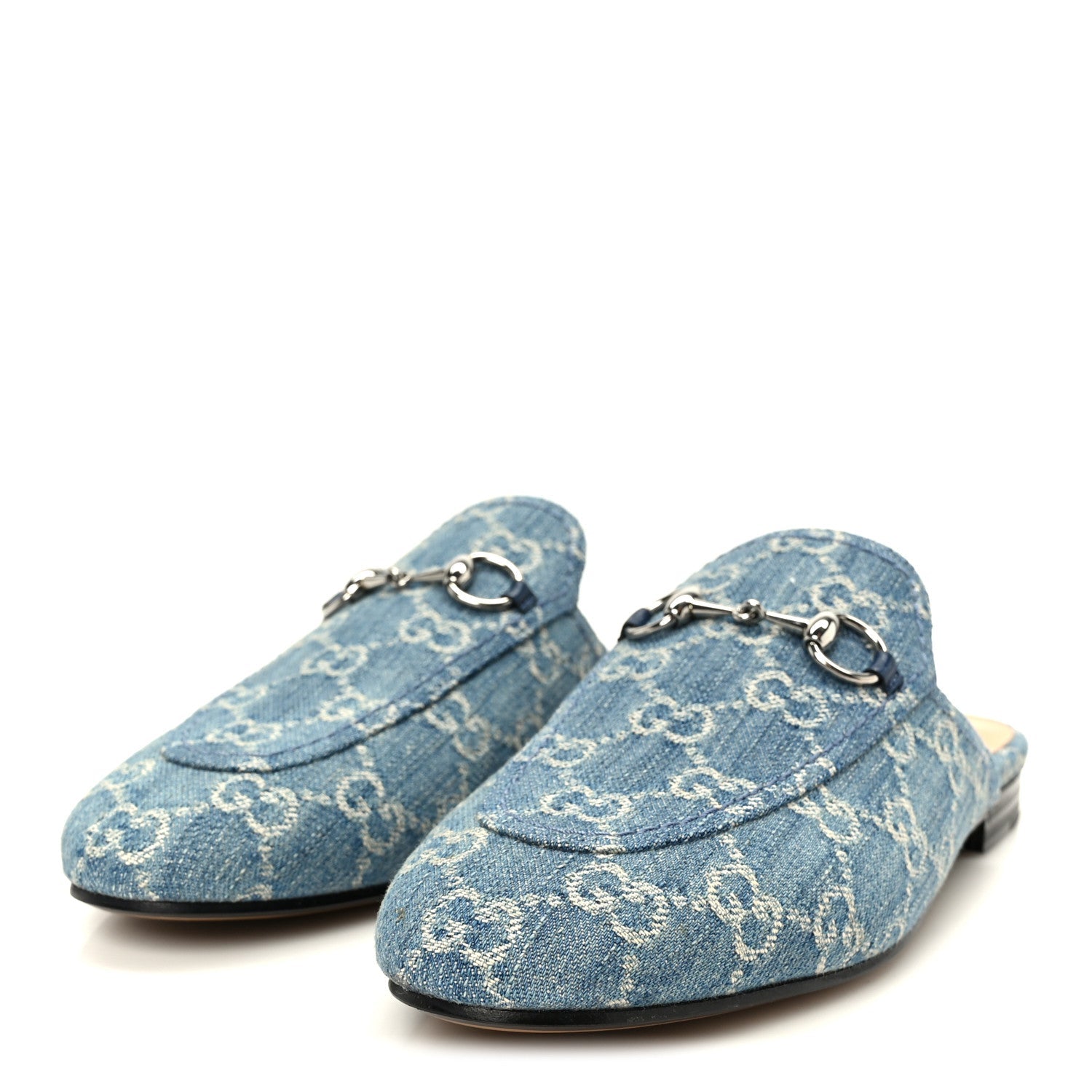Gucci New Denim GG Malaga Kid Womens Princetown Slippers 37.5 Light Blue Royale