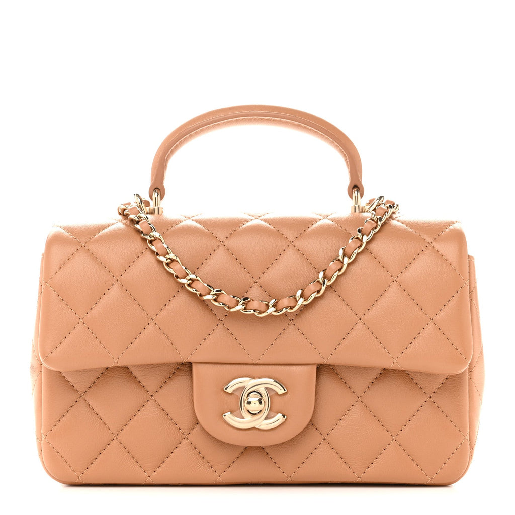 Chanel Lambskin Quilted Mini Top Handle Rectangular Flap Dark Beige