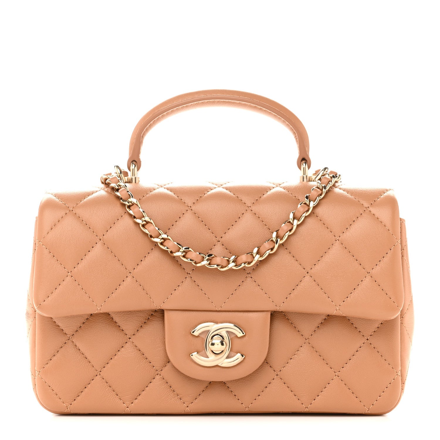 Chanel Lambskin Quilted Mini Top Handle Rectangular Flap Dark Beige