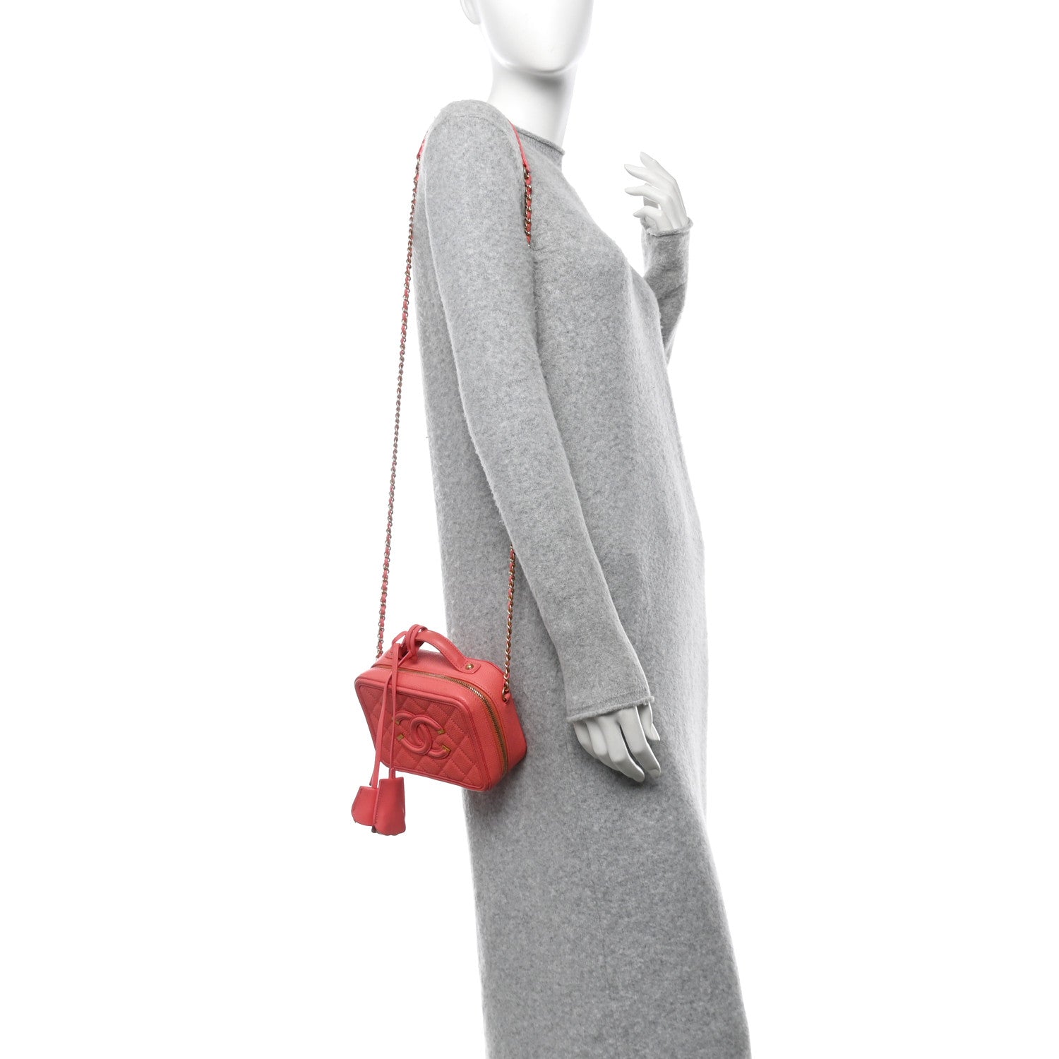 Chanel Caviar Quilted Small CC Filigree Vanity Case Coral