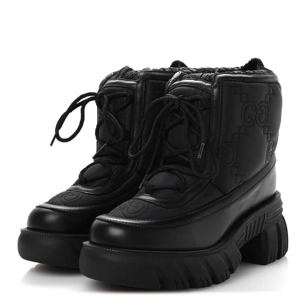 Gucci Nylon Calfskin GG Matelasse Lace Up Platform Ankle Boots 37 Black