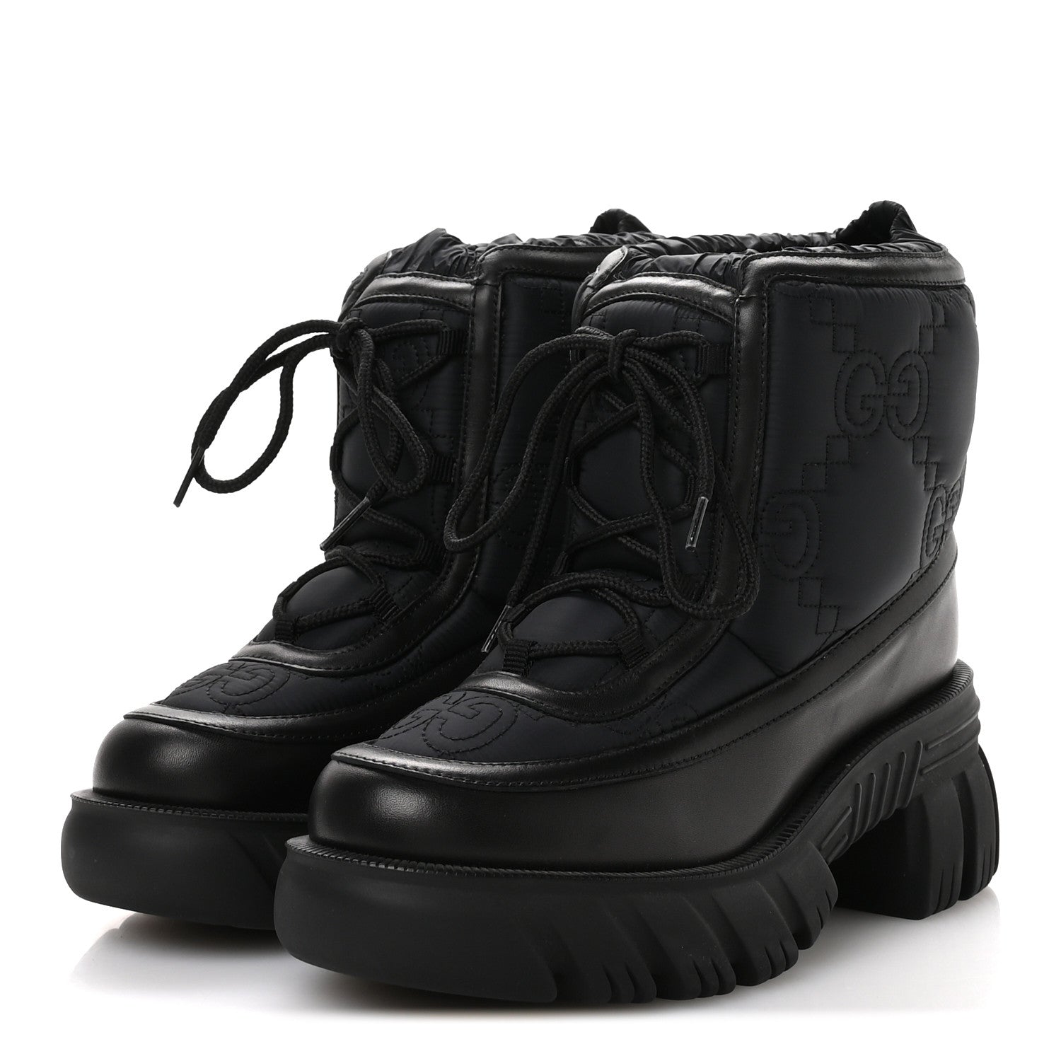 Gucci Nylon Calfskin GG Matelasse Lace Up Platform Ankle Boots 37 Black