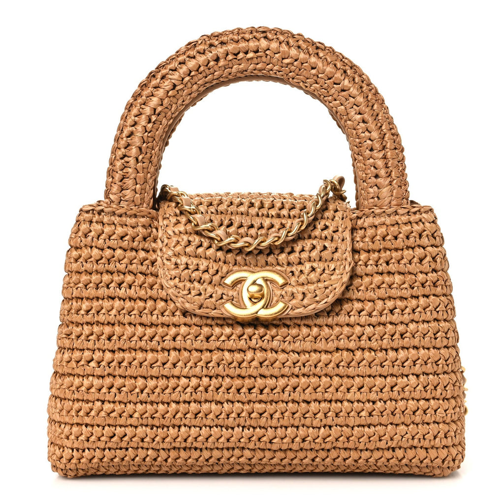 Chanel Braided Raffia Nano Kelly Flap Bag Dark Beige