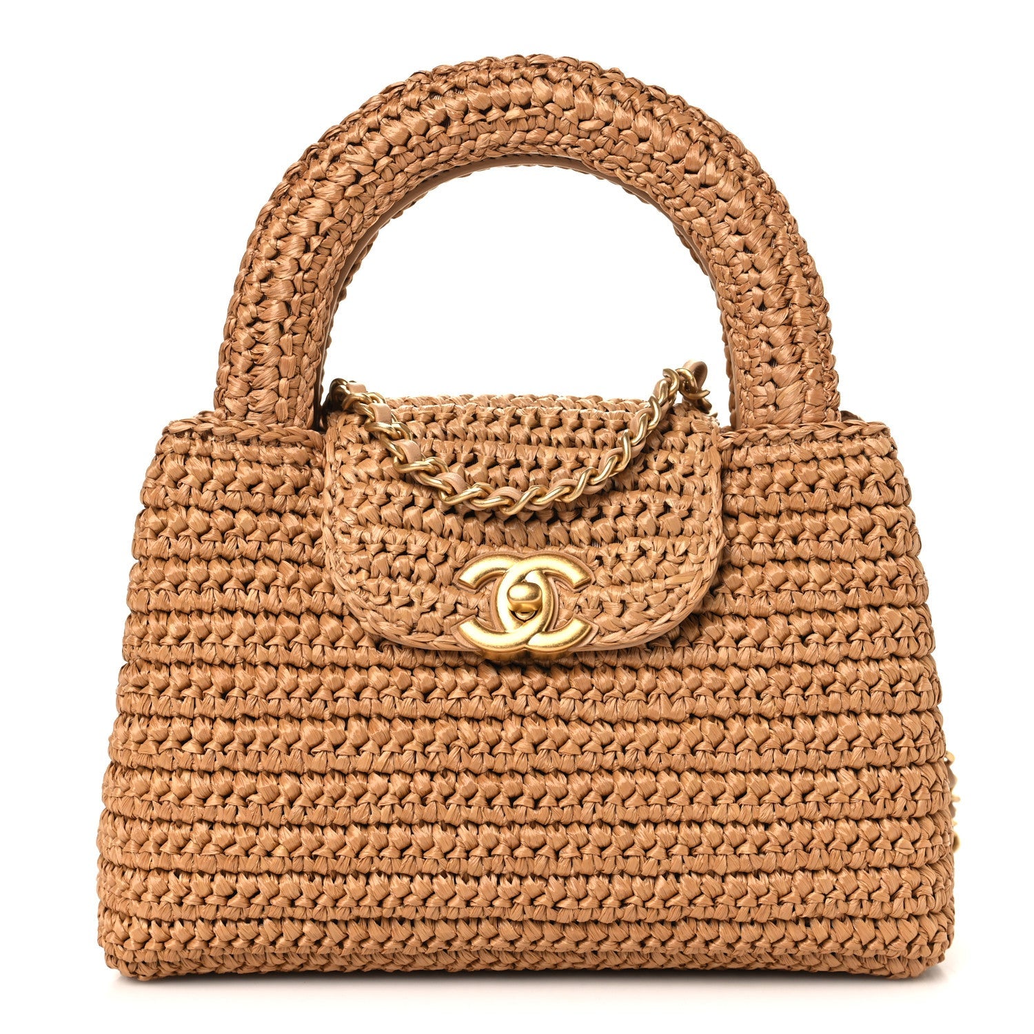 Chanel Braided Raffia Nano Kelly Flap Bag Dark Beige