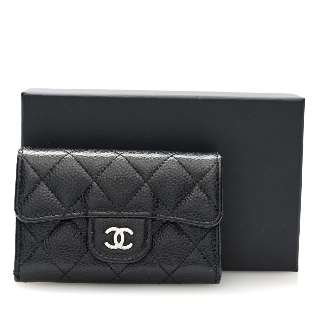 Caviar Quilted Flap Card Holder Wallet Black