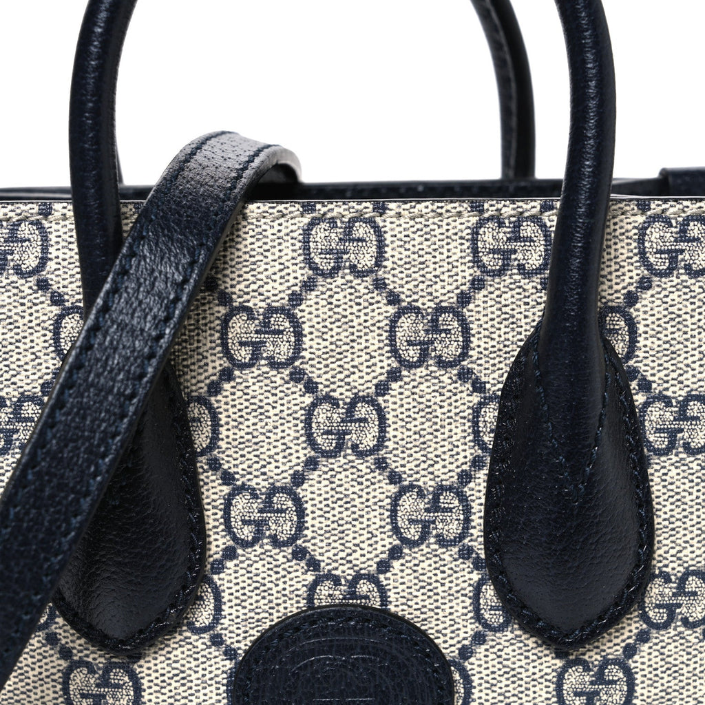 Gucci GG Supreme Monogram Textured Dollar Calfskin Mini Retro Interlocking G Tote Bag Beige Blue