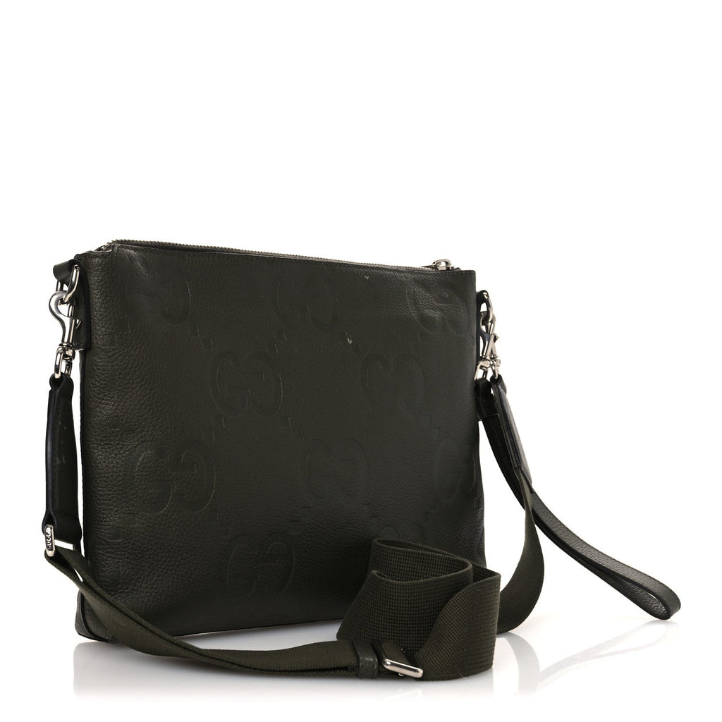 Gucci Piuma Calfskin Jumbo GG Embossed Medium Wristlet Messenger Bag Green