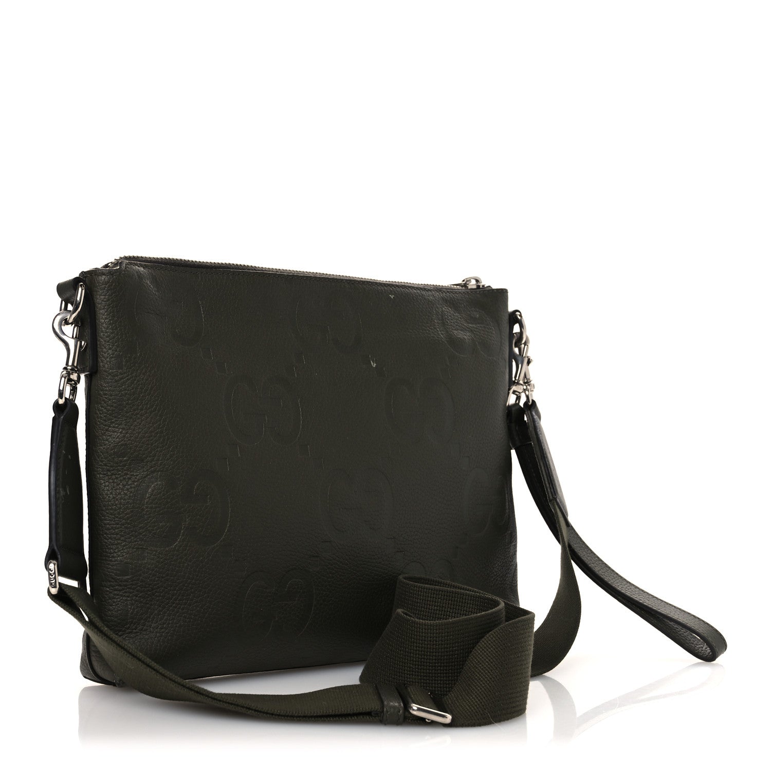 Gucci Piuma Calfskin Jumbo GG Embossed Medium Wristlet Messenger Bag Green