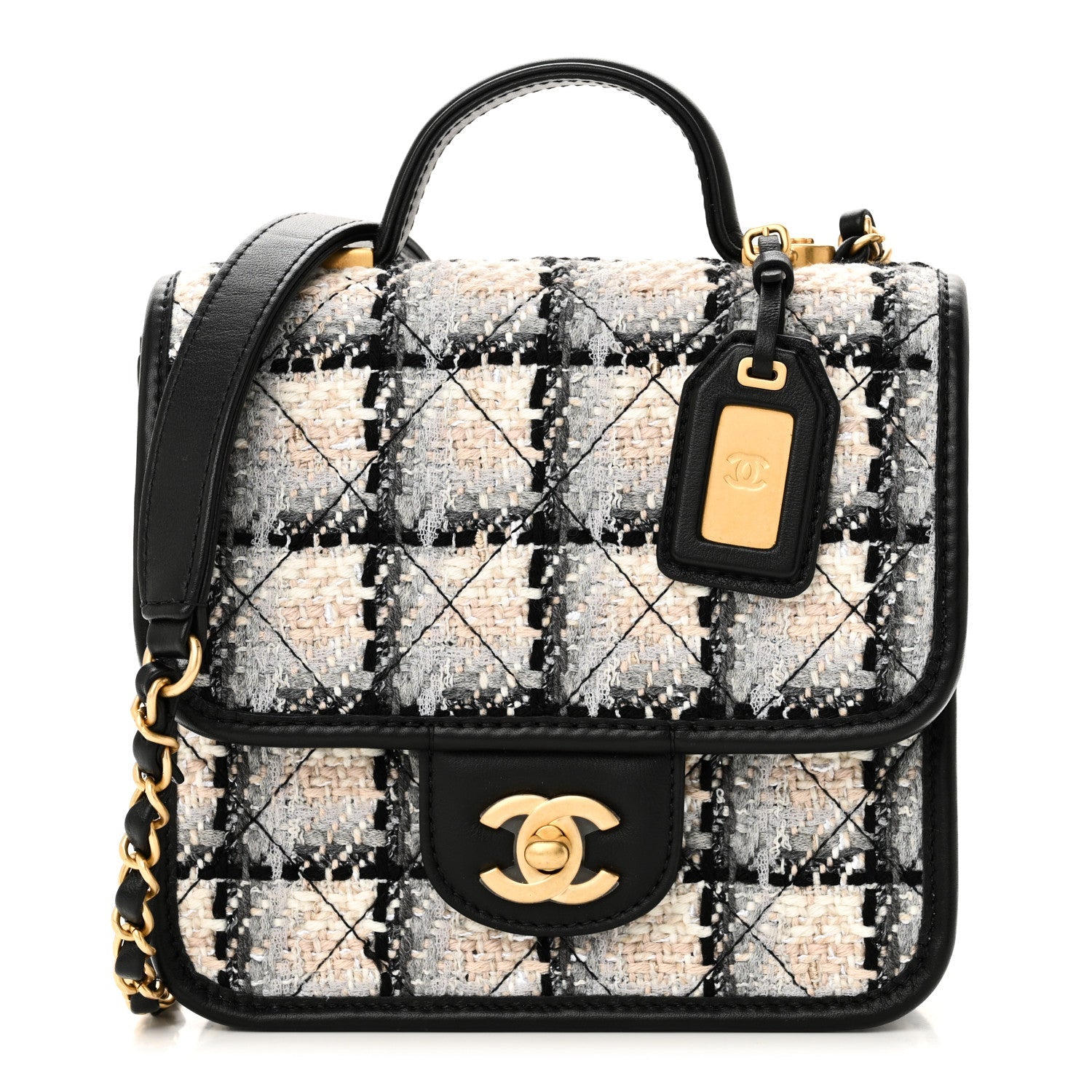 Chanel Tweed Calfskin School Memory Mini Top Handle Flap Ecru Grey Beige Black