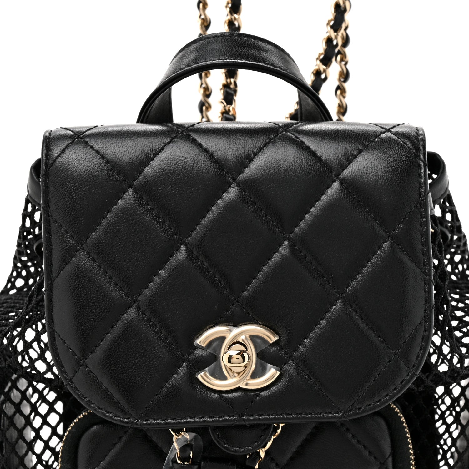 Chanel Shiny Lambskin Mesh Quilted Small Cargo Duma Drawstring Backpack Black