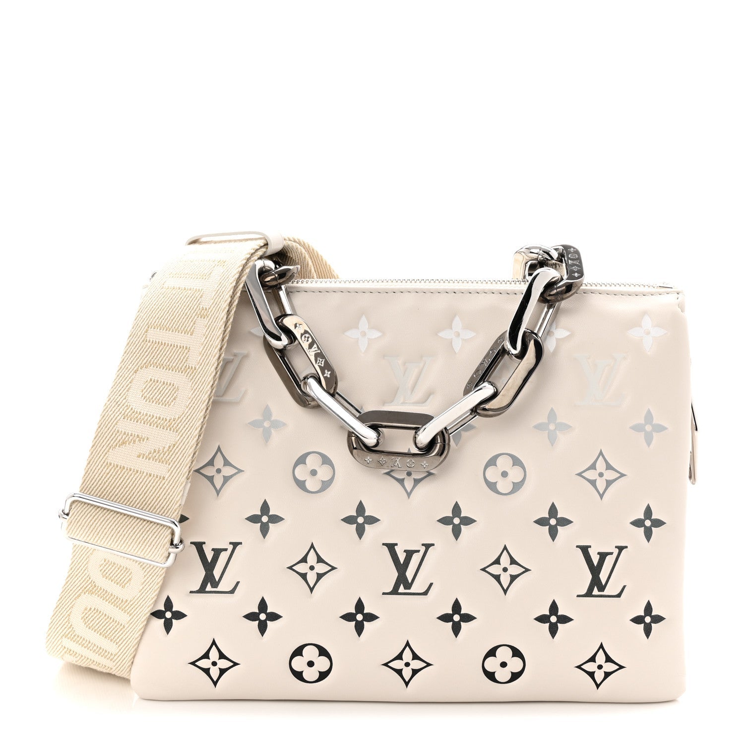 Louis Vuitton Lambskin Embossed Monogram Coussin PM Cream Grey