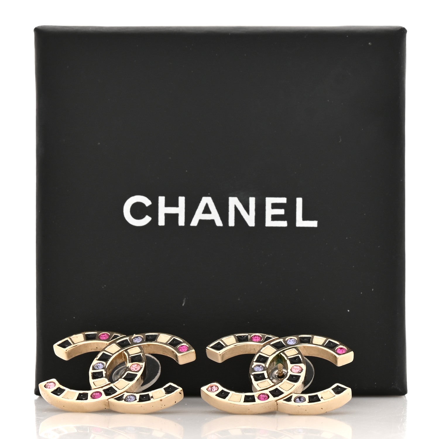 Crystal Enamel Large CC Earrings Gold Black White Pink