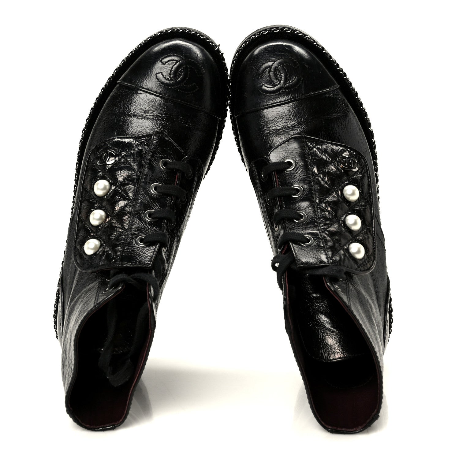 Crackled Calfskin Velvet Pearl Combat Short Boots 36 Black