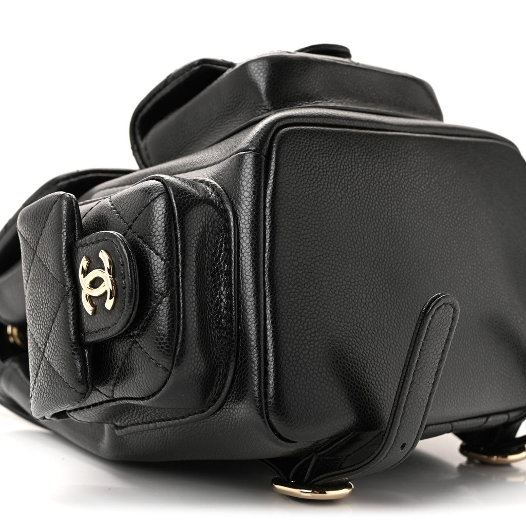 Chanel Shiny Caviar Quilted Small Duma Pockets Drawstring Backpack Black