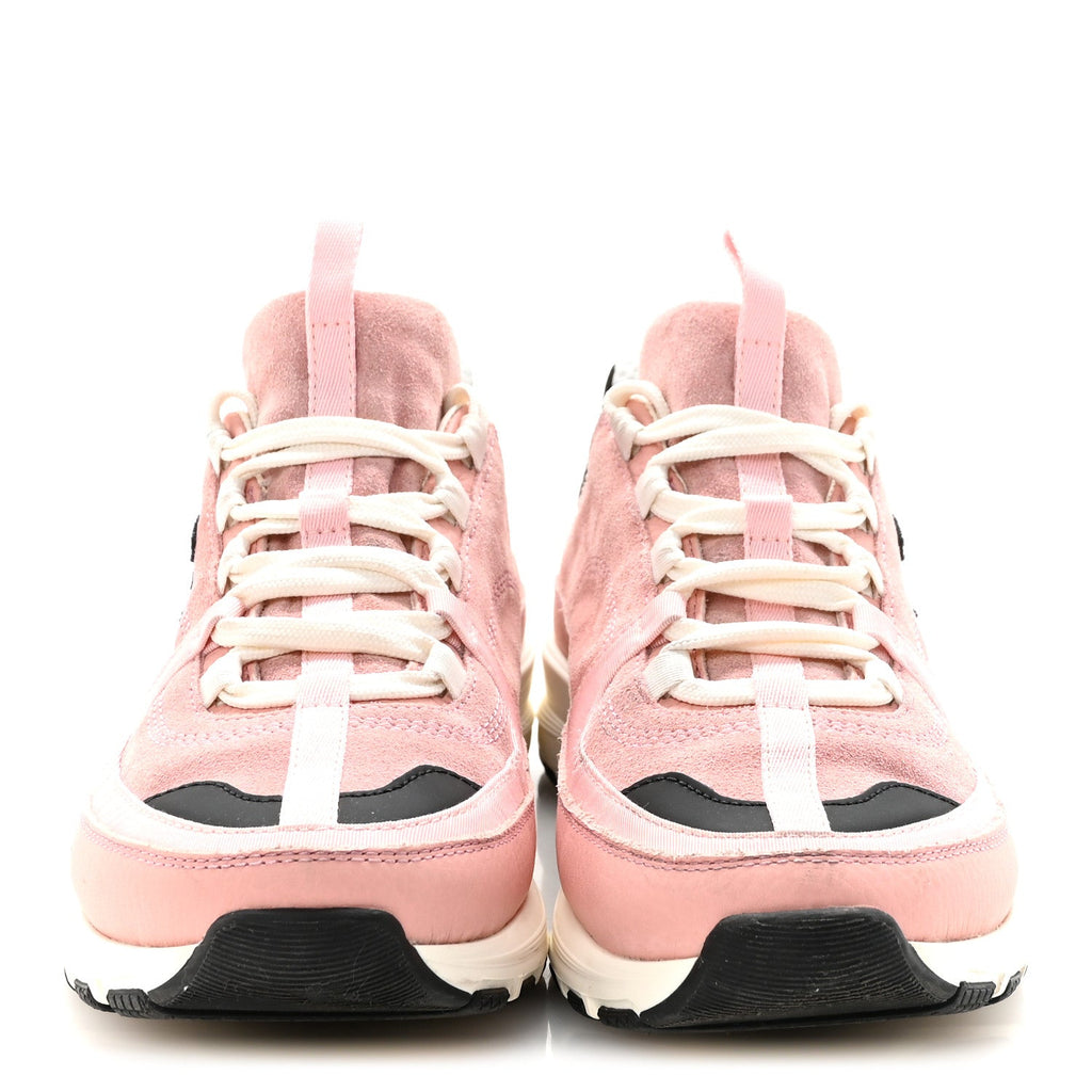 Chanel Suede Calfskin Grosgrain Womens CC Sneakers 39.5 Light Pink Black