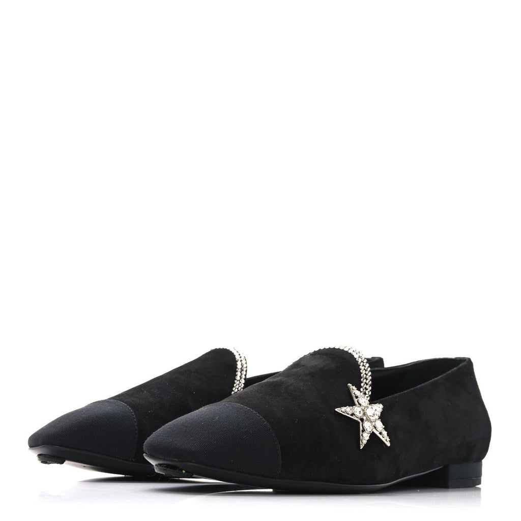 Chanel Suede Calfskin Grosgrain Crystal Star Mocassin Loafers 38 Black