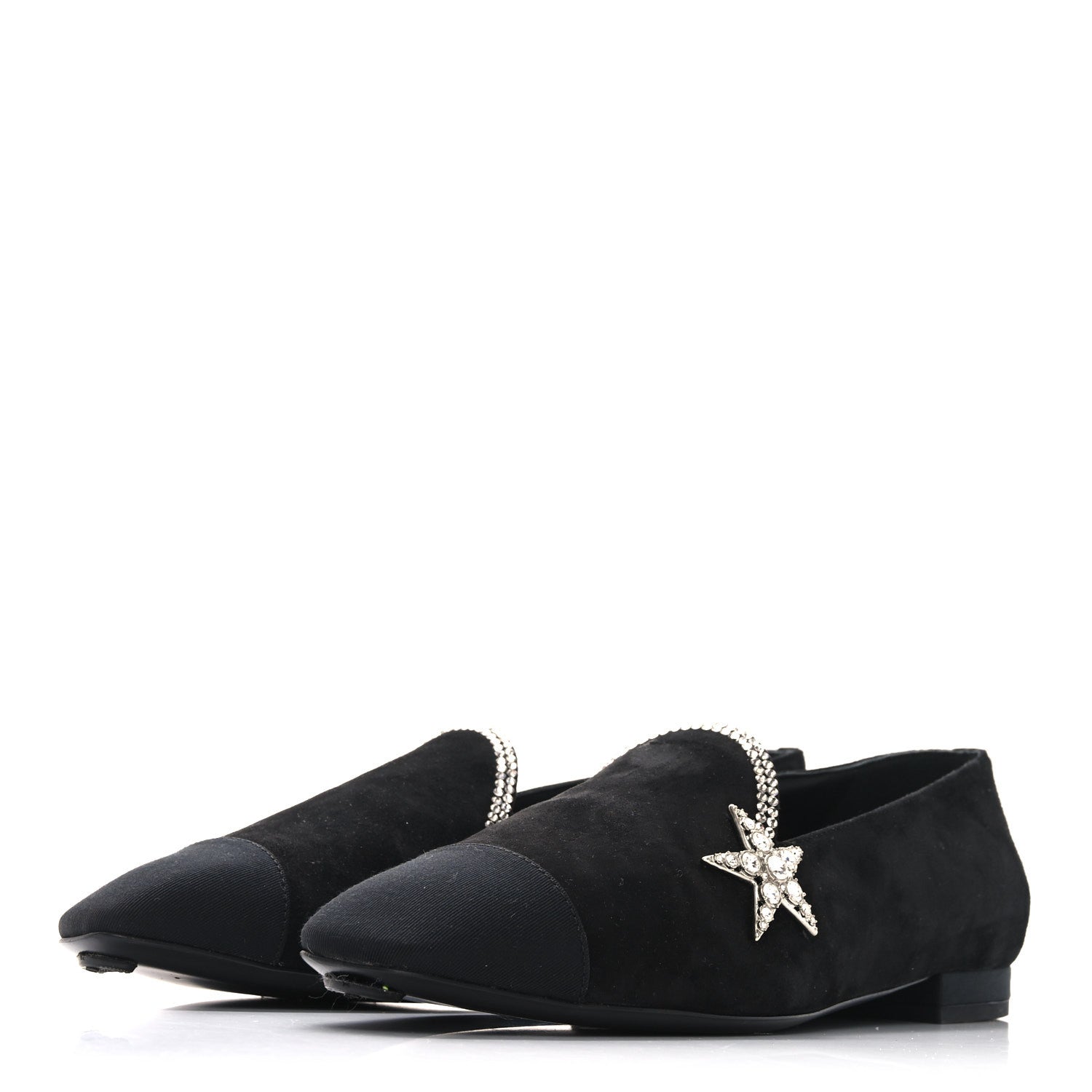 Chanel Suede Calfskin Grosgrain Crystal Star Mocassin Loafers 38 Black
