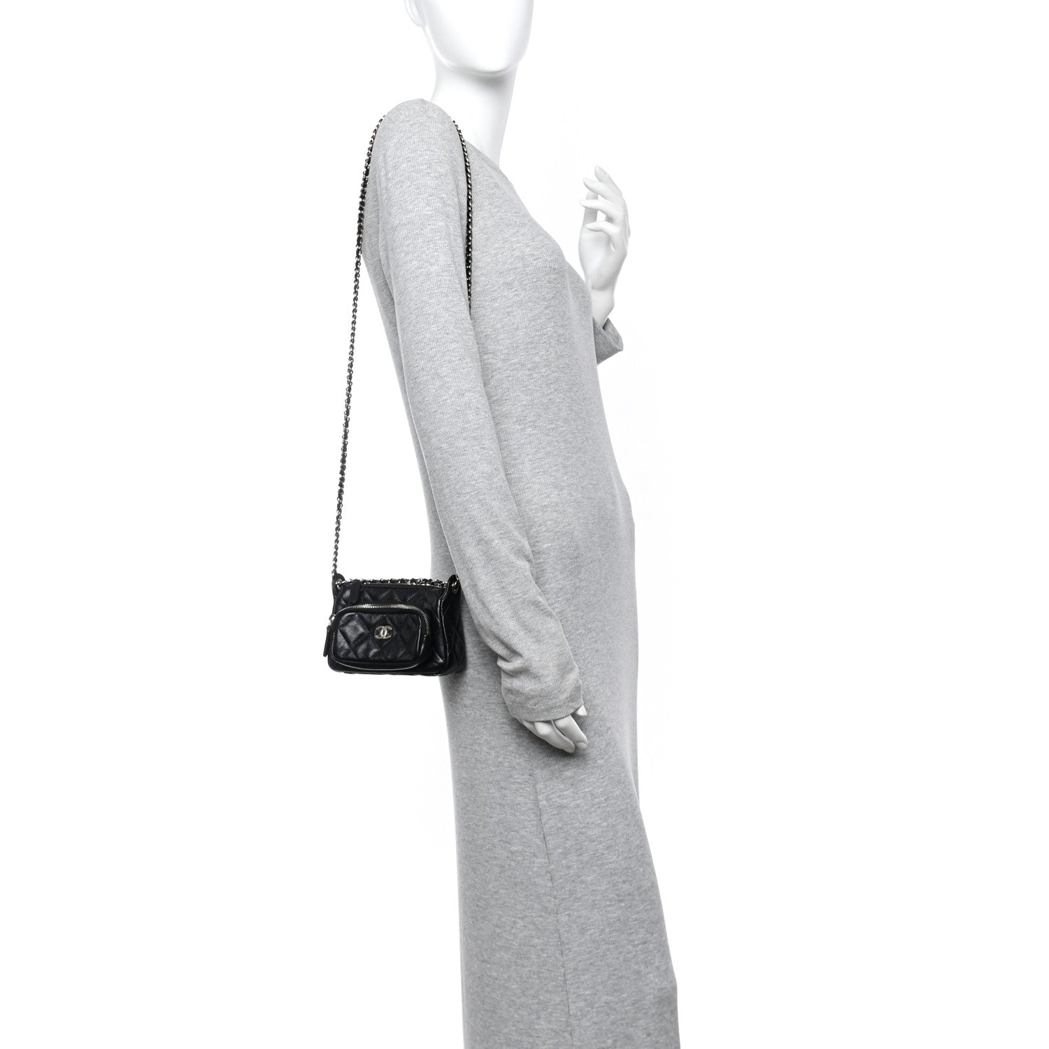 Chanel Shiny Crumpled Lambskin Quilted Mini Clutch With Chain Black