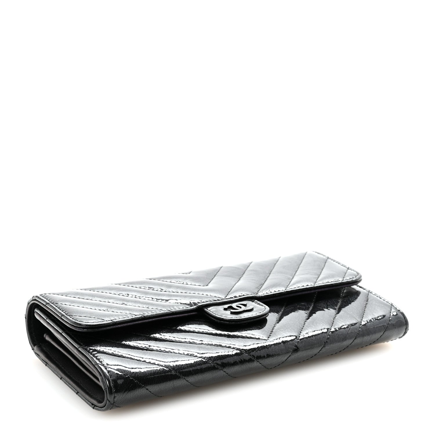 Patent Metallic Crumpled Calfskin Chevron Quilted Large Gusset Flap Wallet So Black