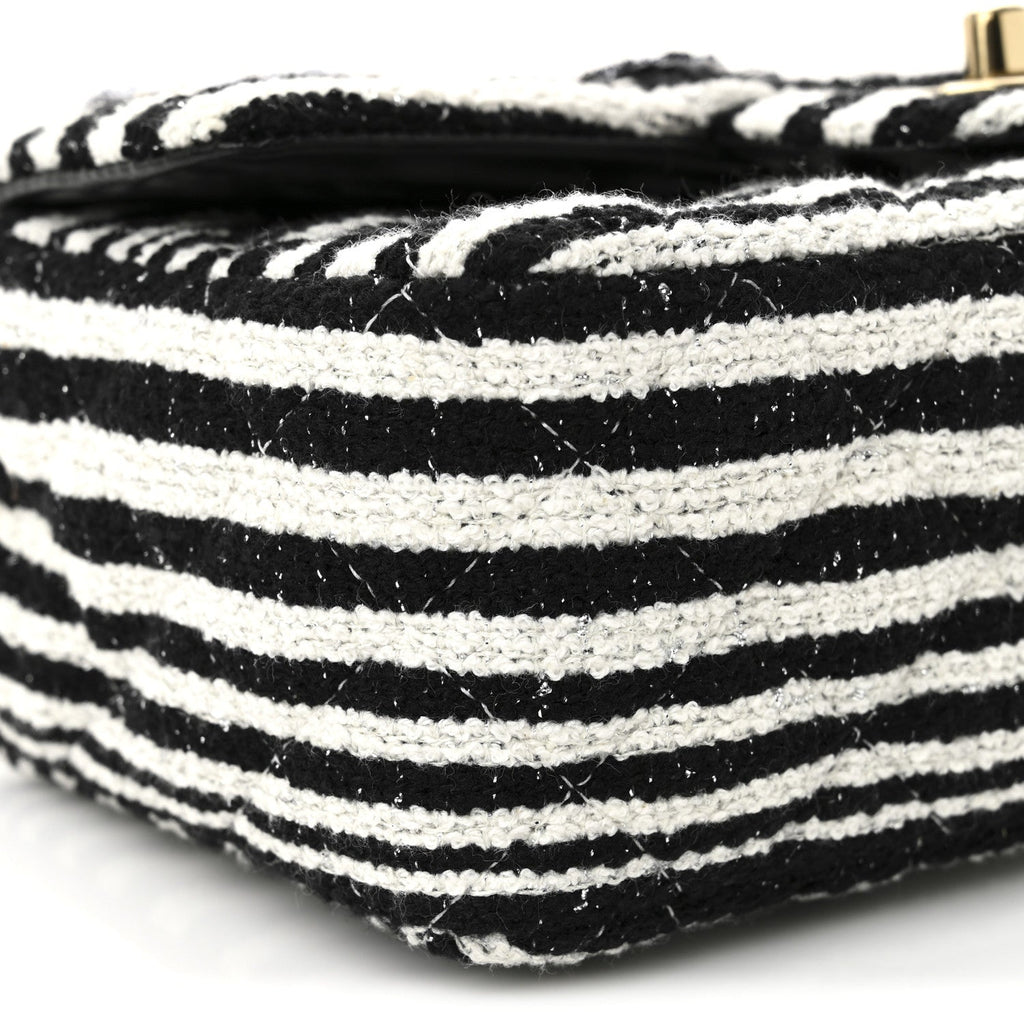 Chanel Striped Tweed Sequin Quilted Camellia Embellished Mini Rectangular Flap Ecru Black
