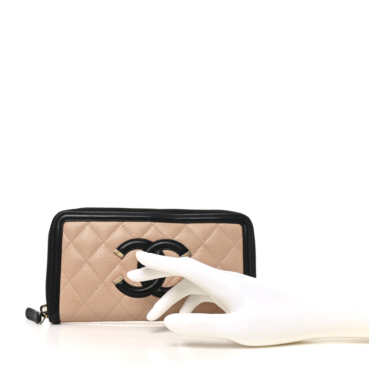 Caviar Quilted Filigree Zip Around Wallet Beige Black