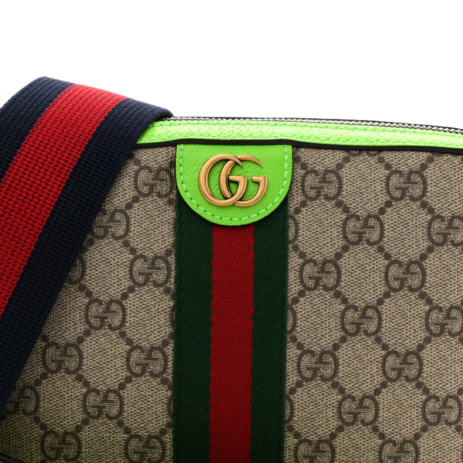 Gucci GG Supreme Monogram Textured Dollar Calfskin Web Ophidia Wristlet Shoulder Bag Beige Ebony Green