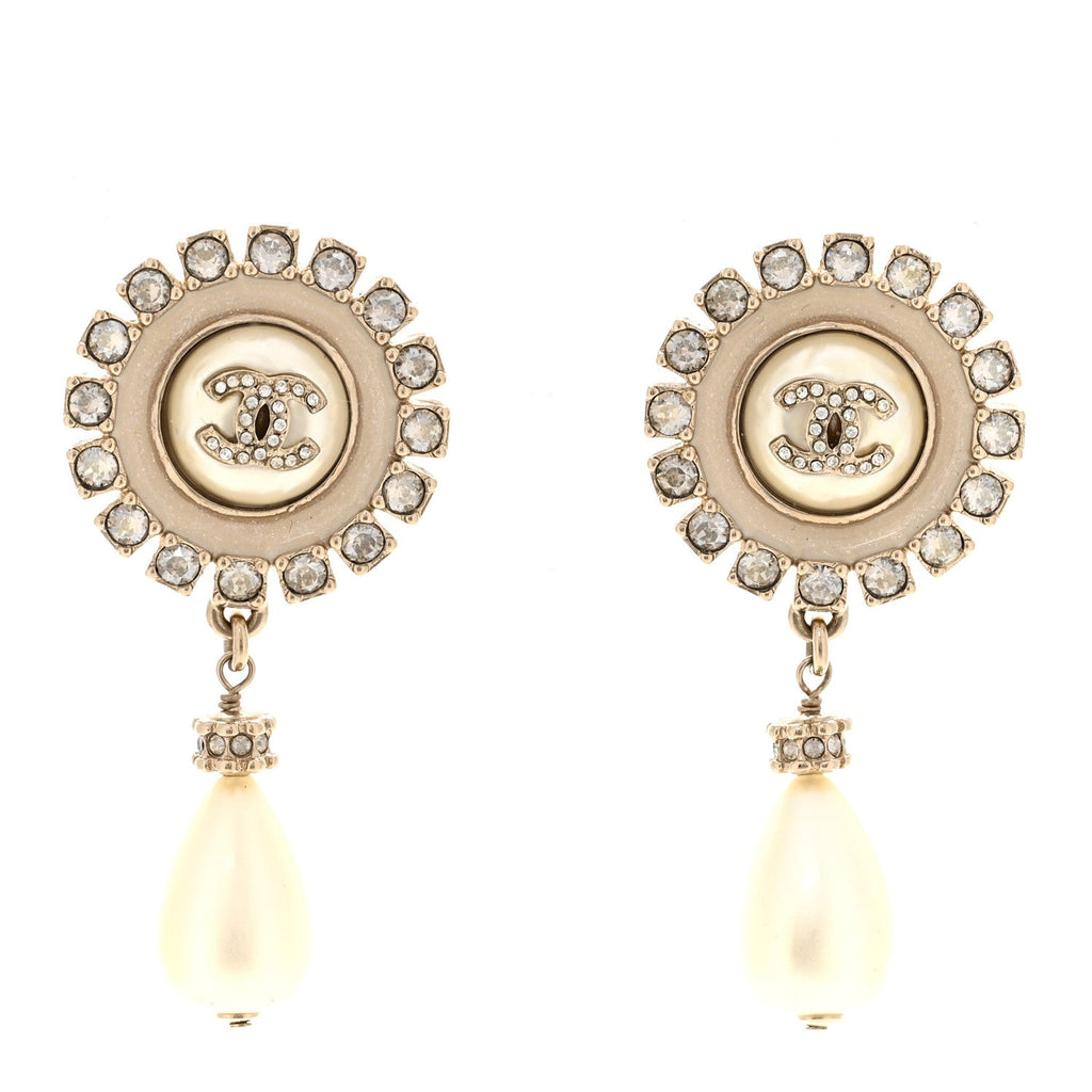 Crystal Pearl Enamel CC Drop Earrings Gold White