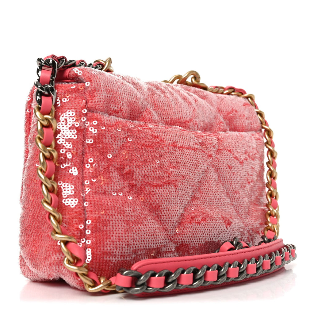 Chanel Sequin Quilted Medium Chanel 19 Flap Coral