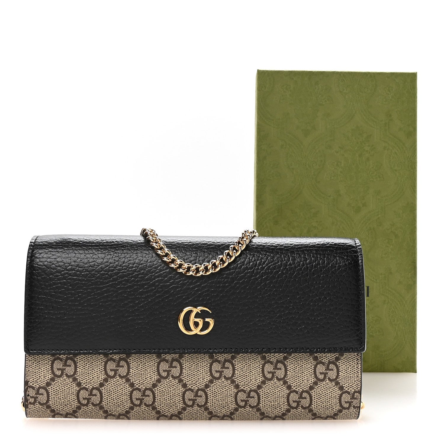 Gucci Dollar Calfskin GG Supreme Monogram Petite GG Marmont Wallet Chain Bag Black Beige Ebony