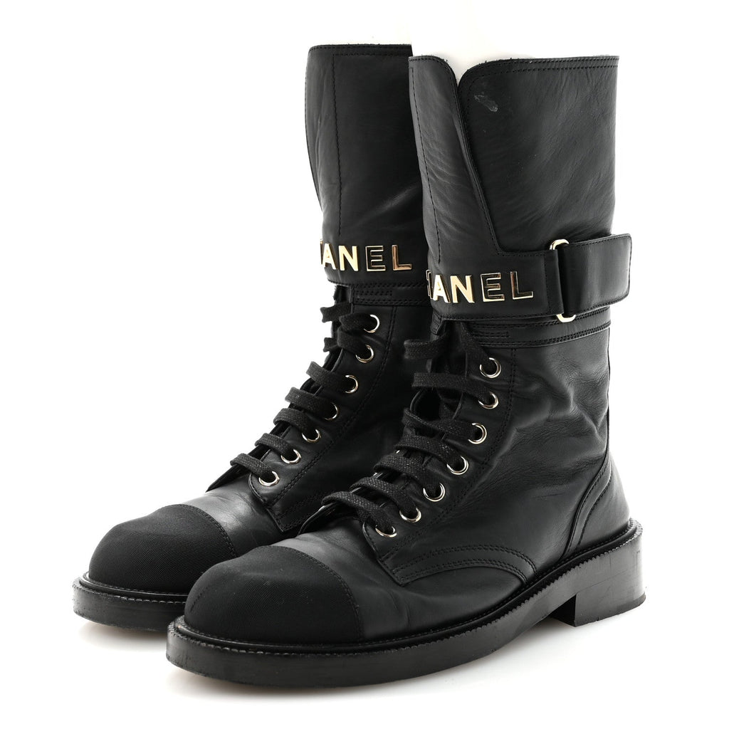 Chanel Shiny Calfskin Lace Up Combat Boots 37 Black