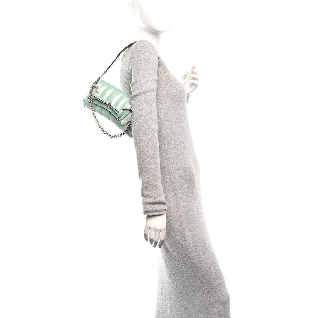 Gucci Iridescent Nappa Vertical Matelasse Small Maxi Horsebit Chain Shoulder Bag Iridescent Salvy Green