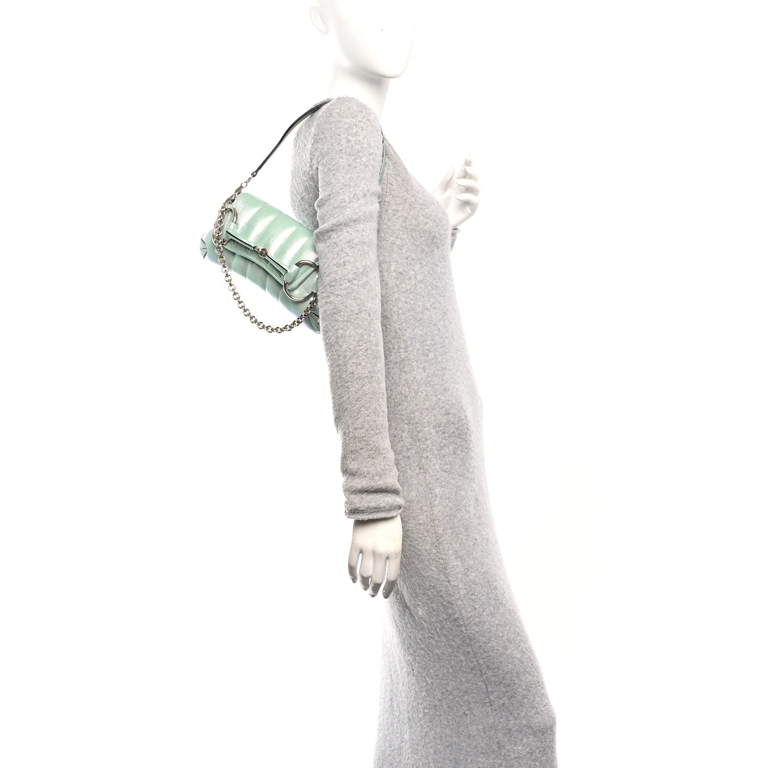 Gucci Iridescent Nappa Vertical Matelasse Small Maxi Horsebit Chain Shoulder Bag Iridescent Salvy Green