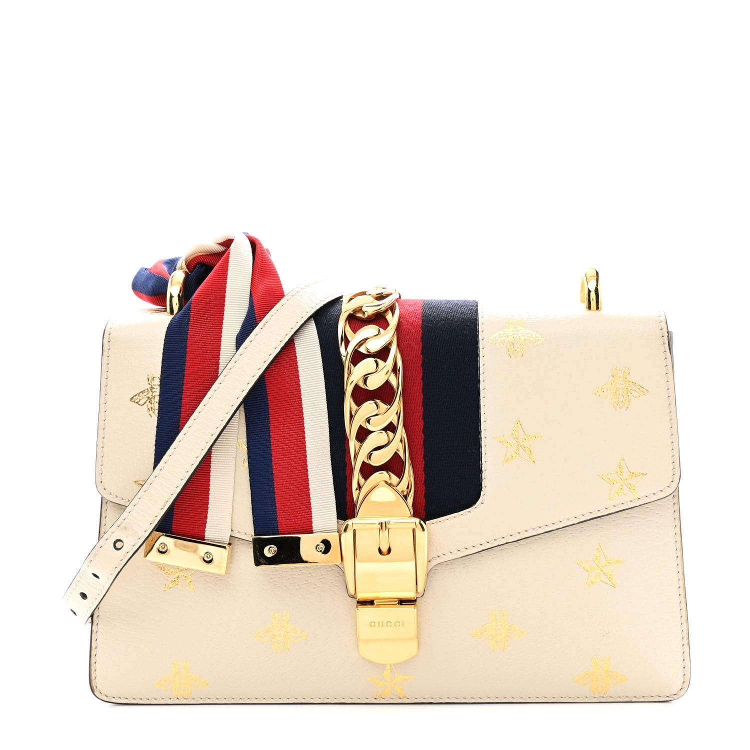 Gucci Textured Calfskin Bee Star Print Small Sylvie Shoulder Bag Mystic White