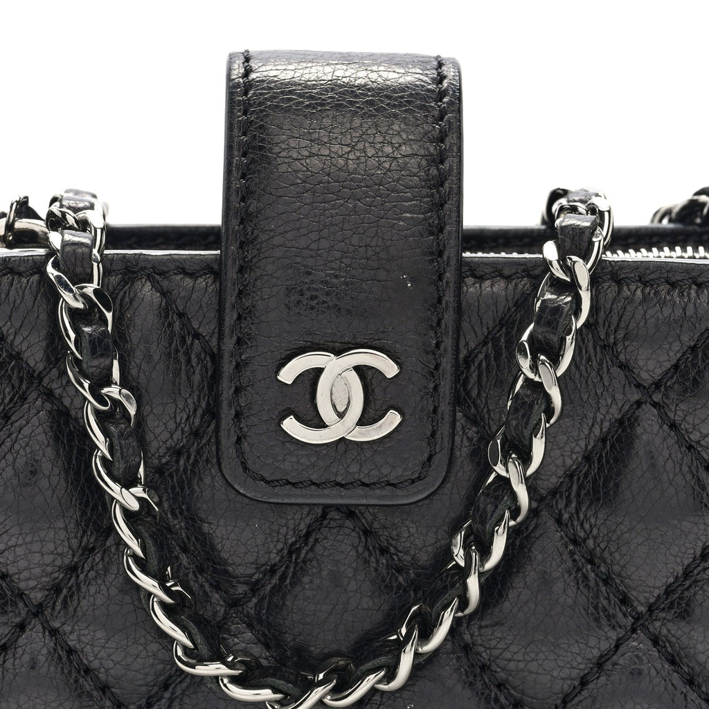 Caviar Quilted Mini Phone Holder Clutch With Chain Black