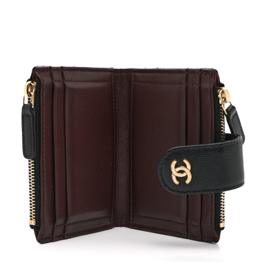 Caviar Quilted Compact Zipped Pocket Wallet Black
