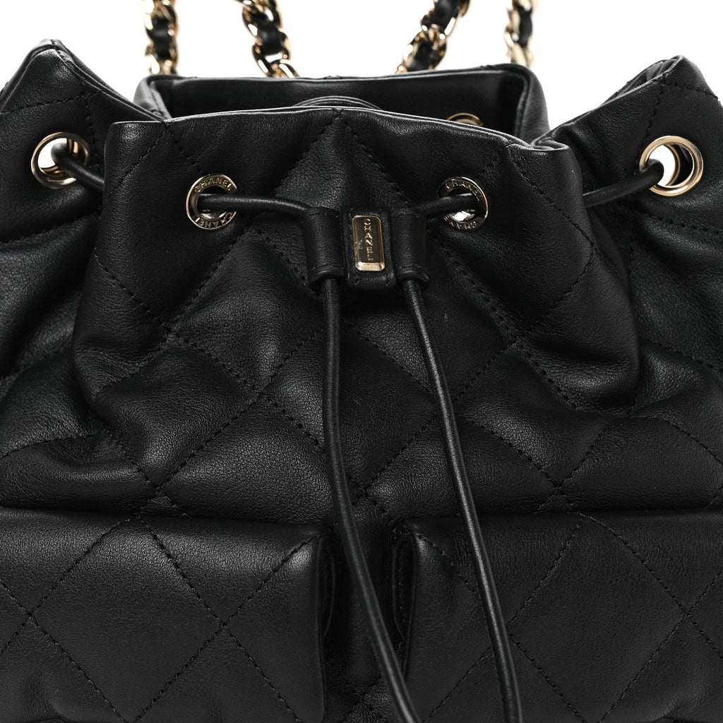 Chanel Lambskin Quilted Double Pocket Drawstring Backpack Black