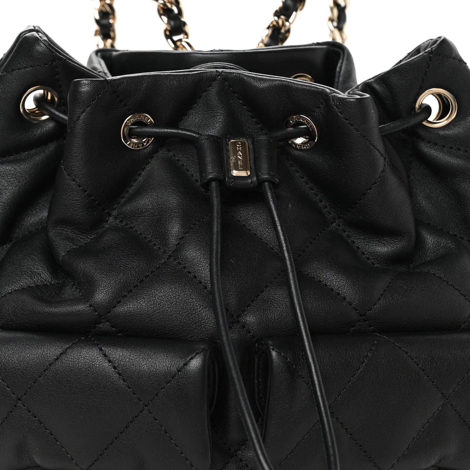 Chanel Lambskin Quilted Double Pocket Drawstring Backpack Black
