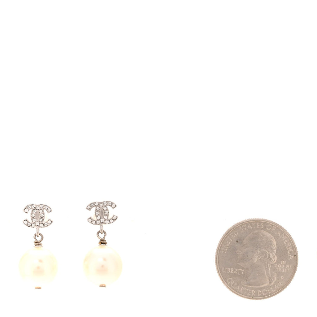Crystal Pearl CC Drop Earrings Silver