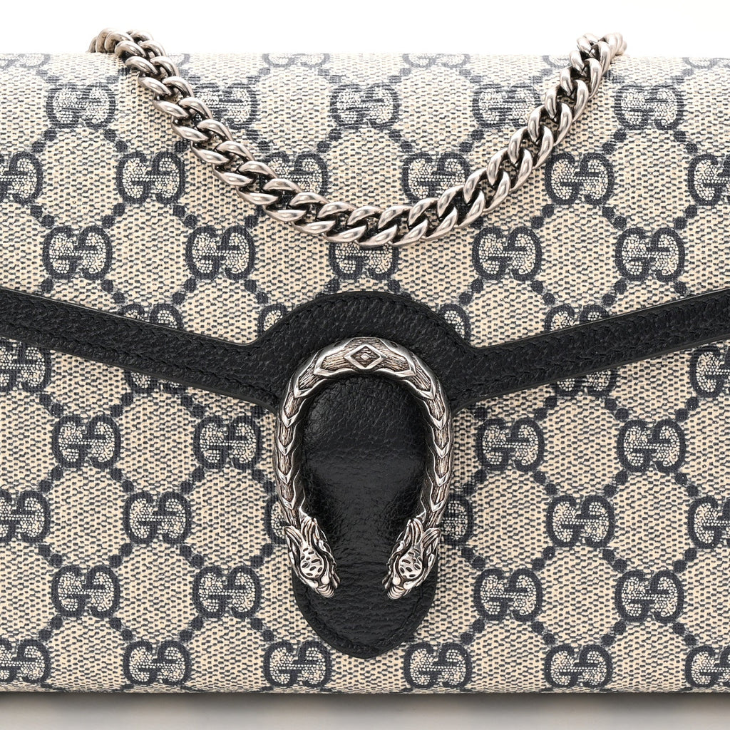 Gucci GG Supreme Monogram Textured Dollar Calfskin Mini Dionysus Chain Wallet Beige Blue