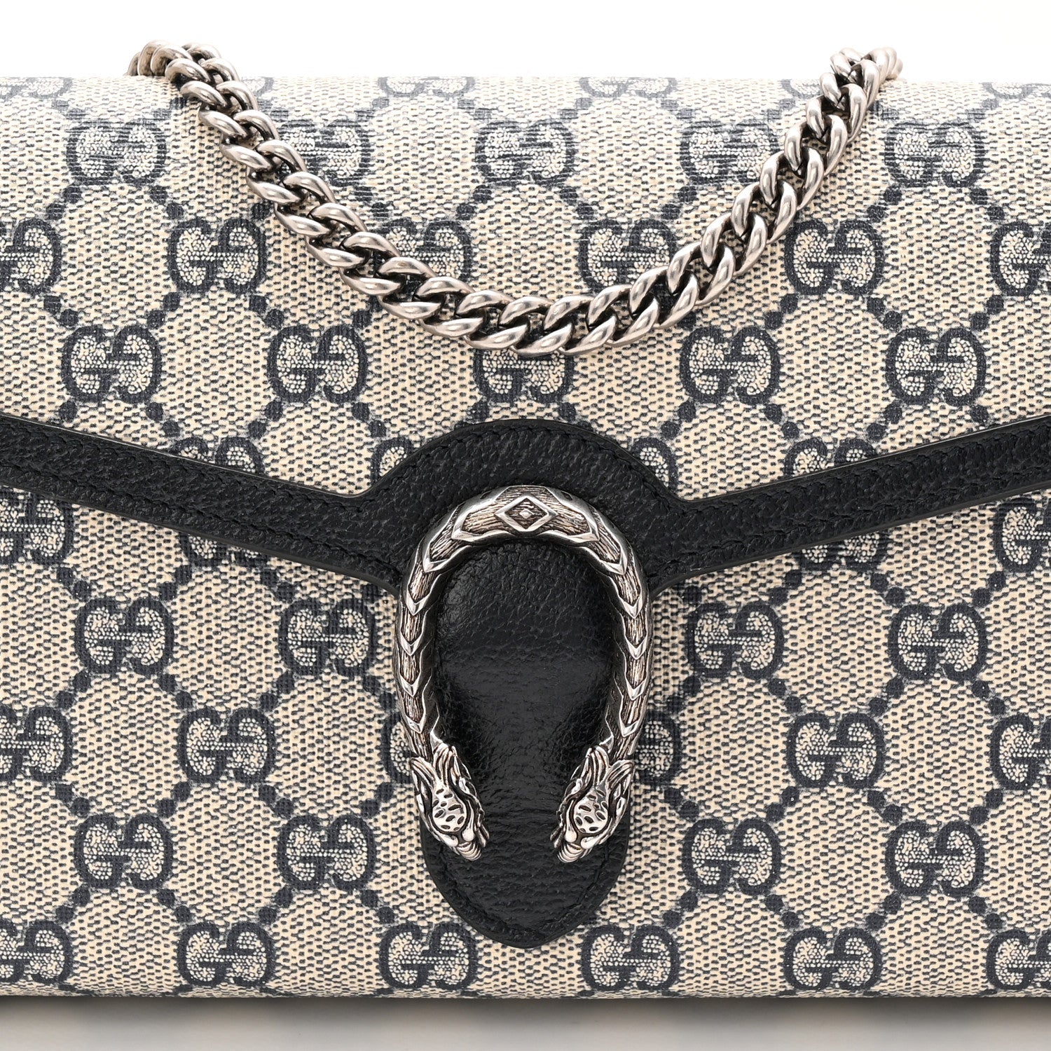 Gucci GG Supreme Monogram Textured Dollar Calfskin Mini Dionysus Chain Wallet Beige Blue