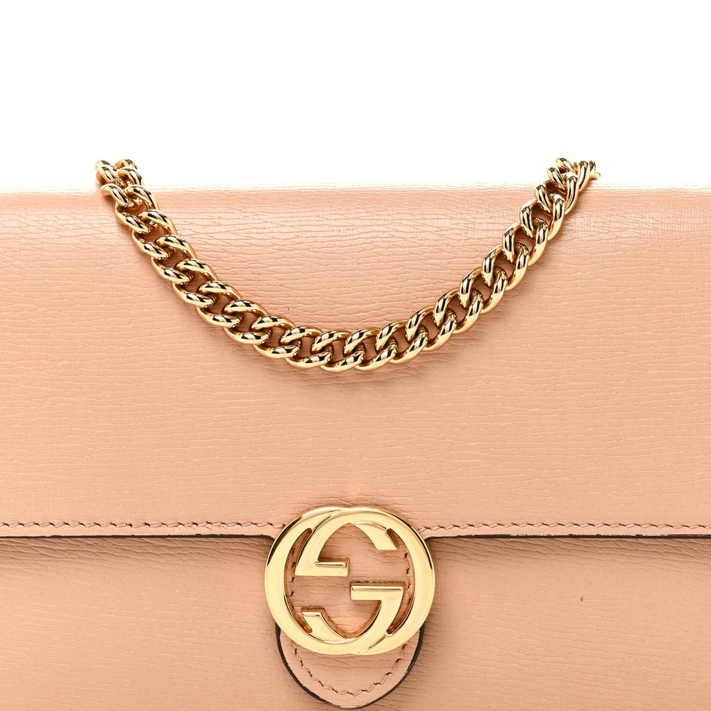 Gucci Dollar Calfskin Interlocking G Chain Wallet Camelia